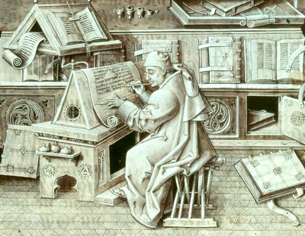 Illustration of 15th-century Burgundian scribe Jean Miélot writing at his desk. He is surrounded by a variety of manuscripts and writing implements.