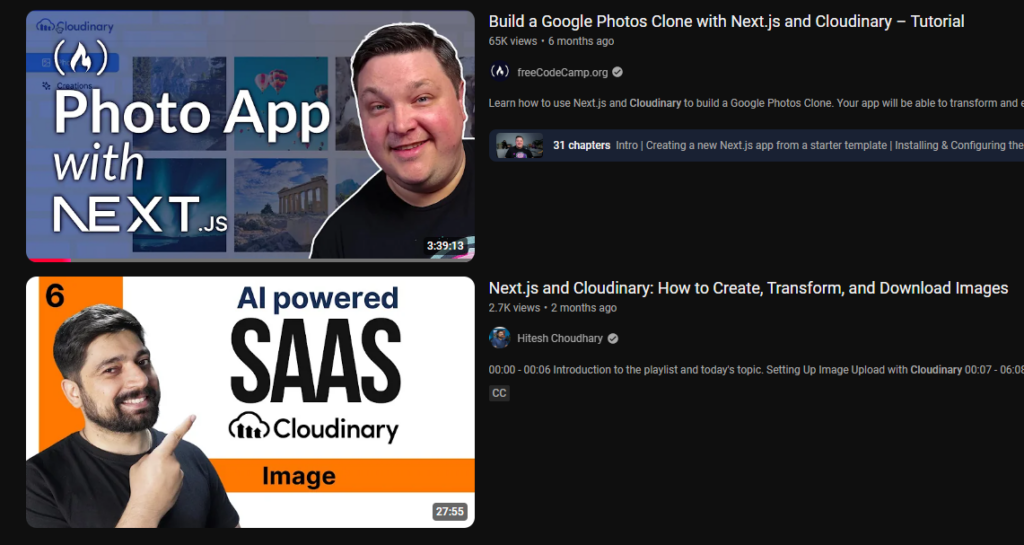 screenshot of a a YouTube page with two tutorials about Cloudinary, one ny a smiling white man, and one by a smiling South Asian man pointing upwards