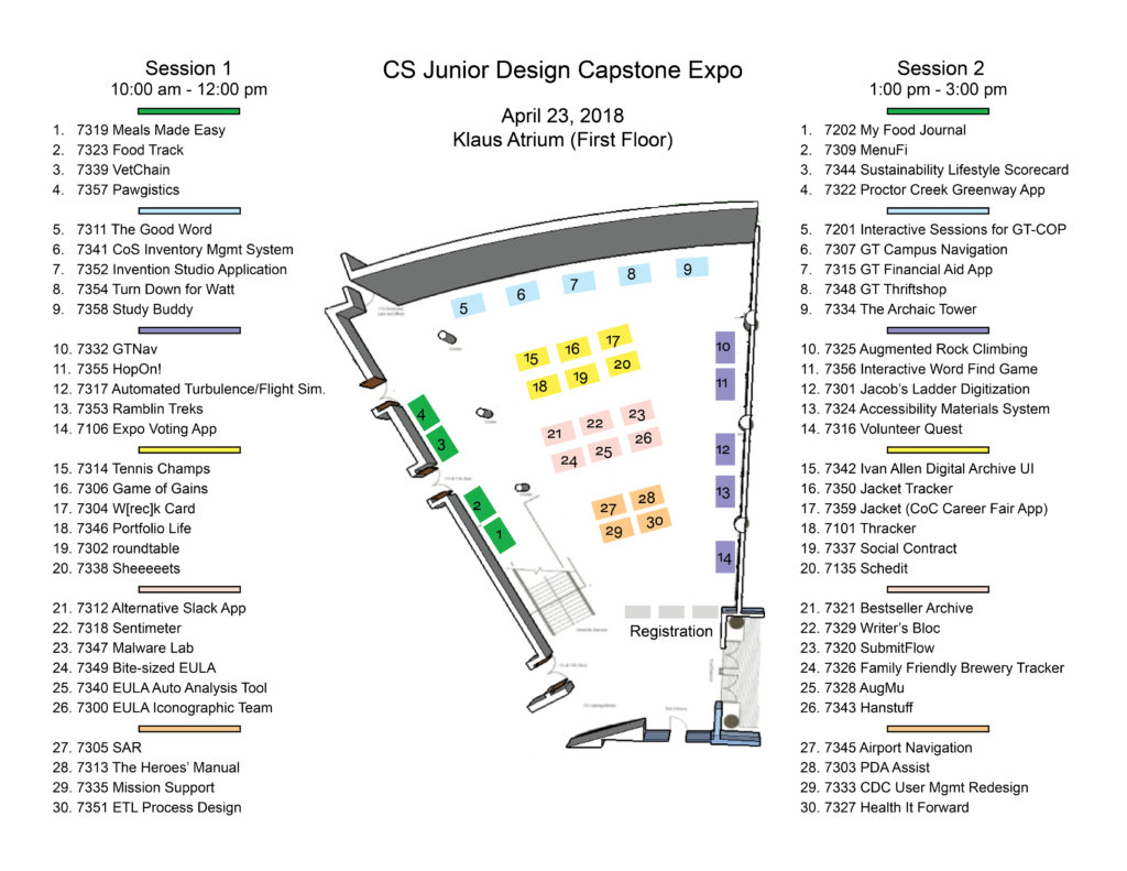 A floor map of the Klaus atrium shows the table layout for the expo. A list of teams and projects appear on each side of the map. 