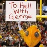 Buzz, the Georgia Tech yellowjacket mascot, holds up a sign proclaiming "To Hell With Georgia"