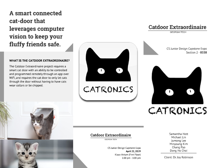 Front of a tri-fold brochure for Team 8338's Catdoor Extraordinaire project. The brochure includes a "Catronics" project logo, information on the team members, and images of cats.