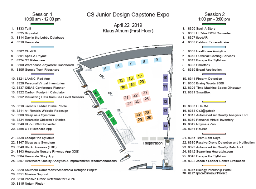 Floor plan of teams and tables for the Spring 2019 Expo