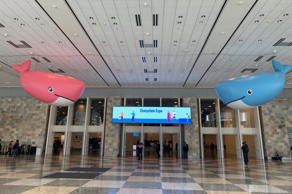 Entrance to the DockerCon 2019 Ecosystem Expo Hall. The doorway is marked with a sign and flanked by Docker mascot whales hanging from the ceiling.