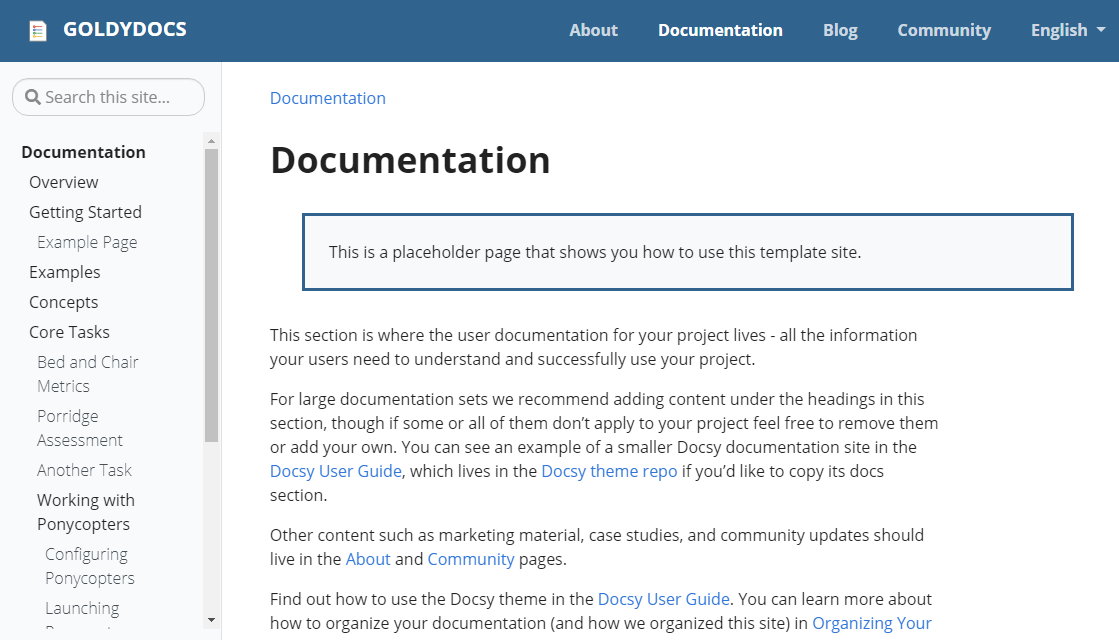 Screenshot of the Docsy Goldydocs example site.