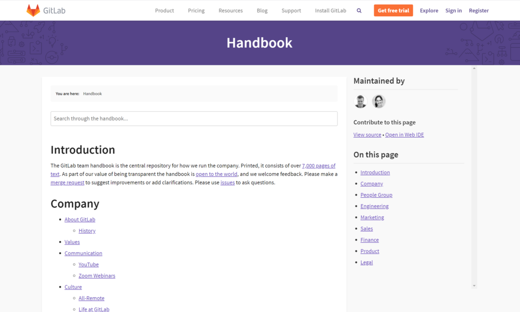 Screenshot of the beginning of the web version of GItLab's Handbook.