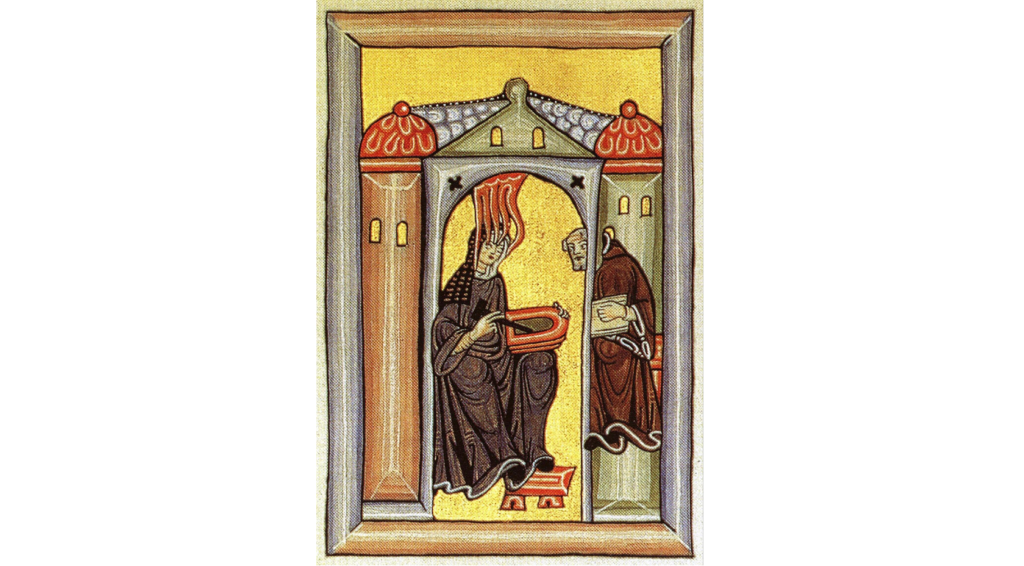 Miniature of Hildegard of Bingen--medieval technical writer--from a medieval manuscript. She is writing on a wax tablet while lines of inspiration curl from the ceiling to her head