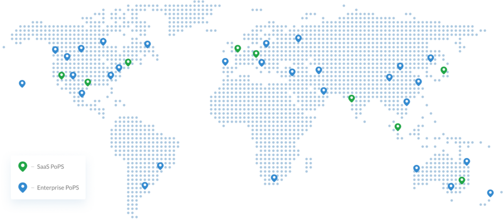 Global map of Macrometa's Points Global Data Network (GDN) with pins marking Points of Presence (PoPs)