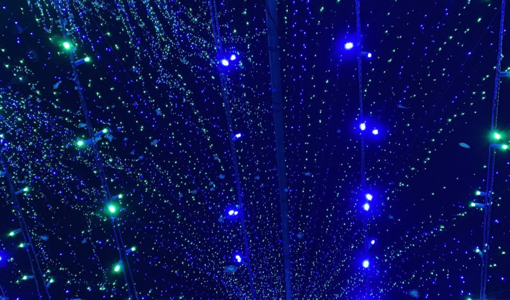 photo of strings of decorative green and blue lights