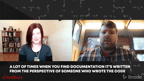Gif of Kelly interviewing Andy via zoom, with Andy stating that A lot of times when you find documentation, it’s written from the perspective of someone who wrote the code.