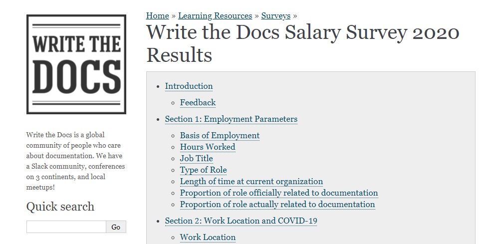 Screenshot of the top part of the table of contents for the Write the Docs Salary Survey 2020.