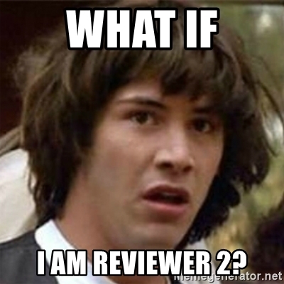 The text "What if I am Reviewer 2?" over an image of Keanu Reeve's character from the 1989 film Bill and Ted's Excellent Adventure