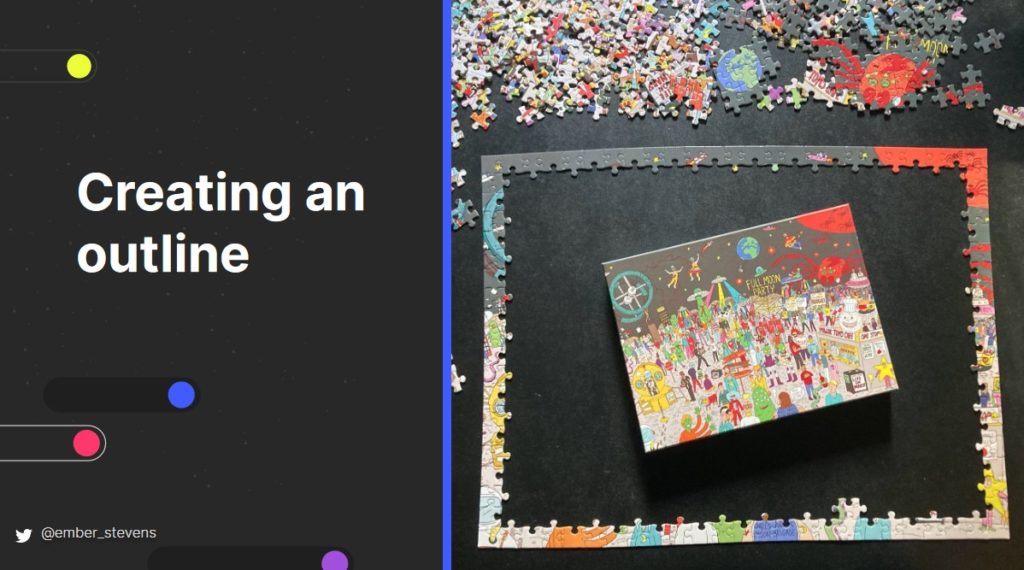 The text "creating an outline" next to an image of a jigsaw puzzle with the puzzle edges completed and the puzzle box in the center.