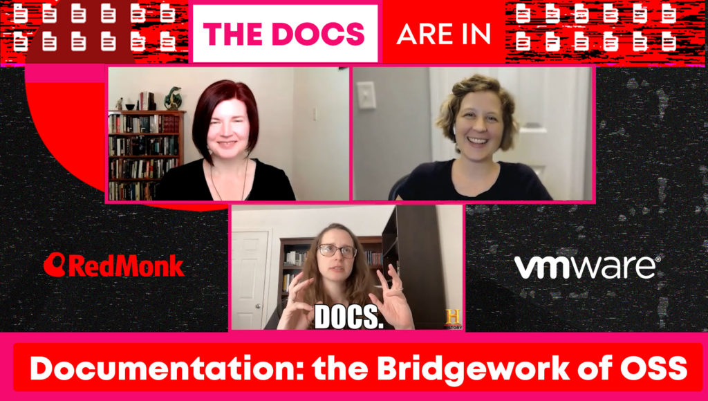Title card for The Docs Are In episode on Documentation: the Bridgework of OSS, with screenshots of the three speakers
