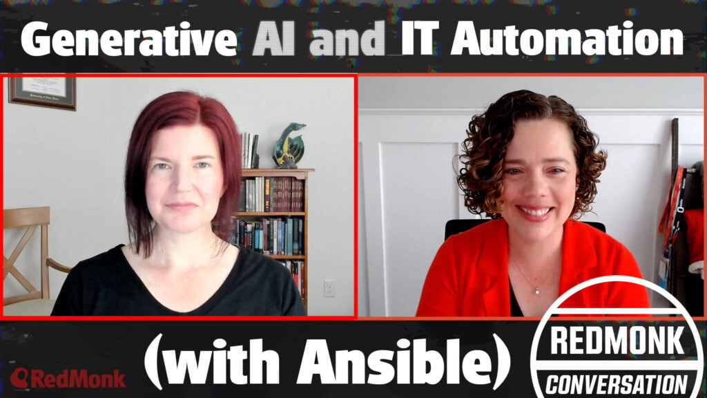 Title card for A RedMonk Conversation episode on Generative AI and IT Automation, with screenshots of the two speakers