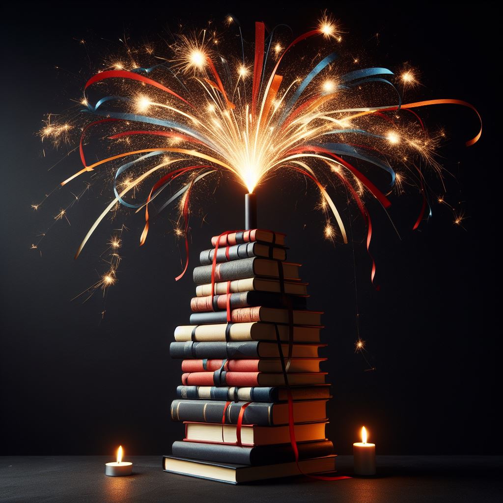 a stack of books with fireworks on top