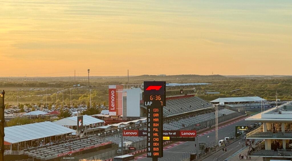 View of the finish line at Circuit of the Americas from an elevated point on the race track.