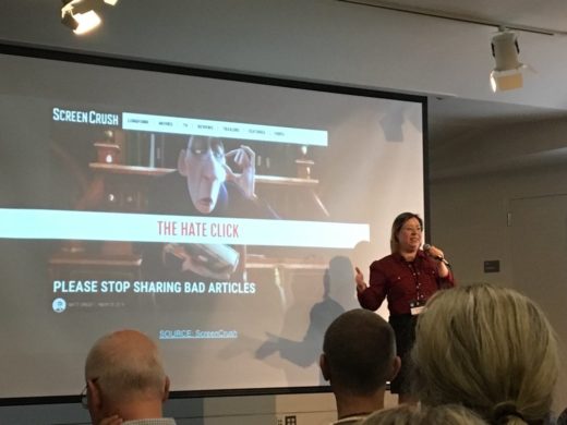 Cici Correa showing a slide with a cartoon villian labeled The Hate Click.