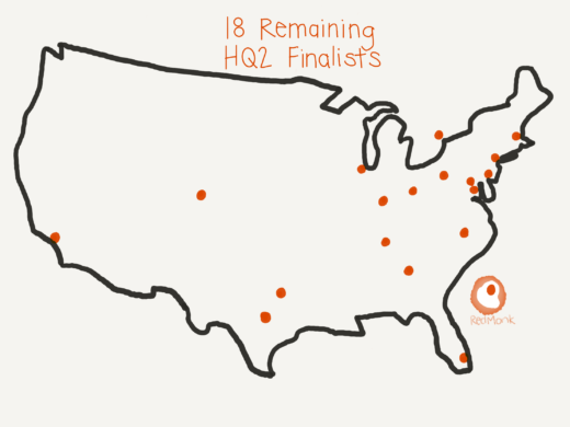 hand-drawn map of continental US, flagging remaining 18 finalist cities from Amazon’s HQ2 search.