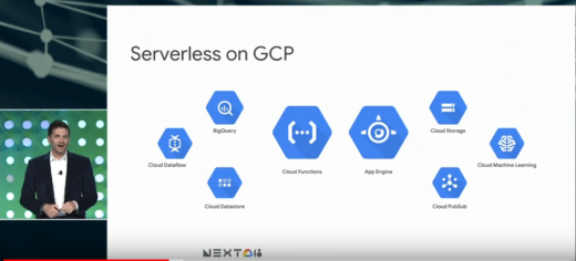 Serverless on GCP slide screenshot, including logos for Cloud Functions, App Engine, BigQuery, Cloud Dataflow, Cloud Datastore, Cloud Storage, Cloud ML, and Cloud PubSub.