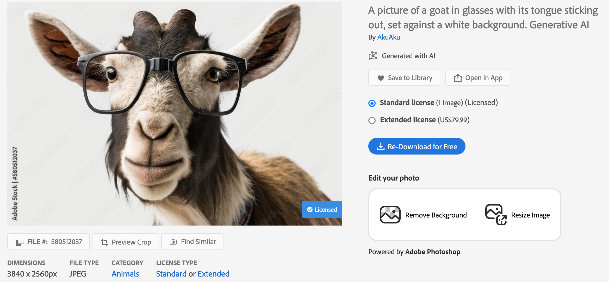Screenshot of Adobe Stock, with original stock photo of goat in glasses on left and a section to one-click edit the image below the options to buy the image on the right