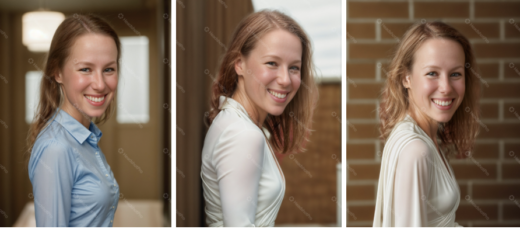 3 AI-generated photos of Rachel looking like a bobblehead