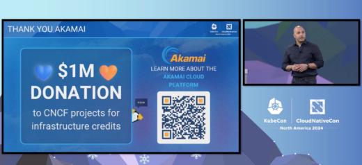 Akamai VP Ari Weil on stage at KubeCon with a slide announcing their company's donation of $1M in credits to CNCF projects