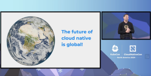 CNCF CTO Chris Aniszczyk on stage at KubeCon with a slide that says "The future of cloud native is global"