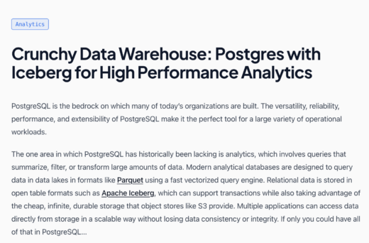 Screenshot of blog post titled: Crunchy Data Warehouse: Postgres with Iceberg for High Performance Analytics