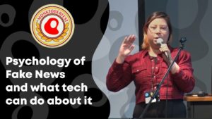 Cecy Correa on stage delivering Psychology of Fake News and What Tech Can Do About It